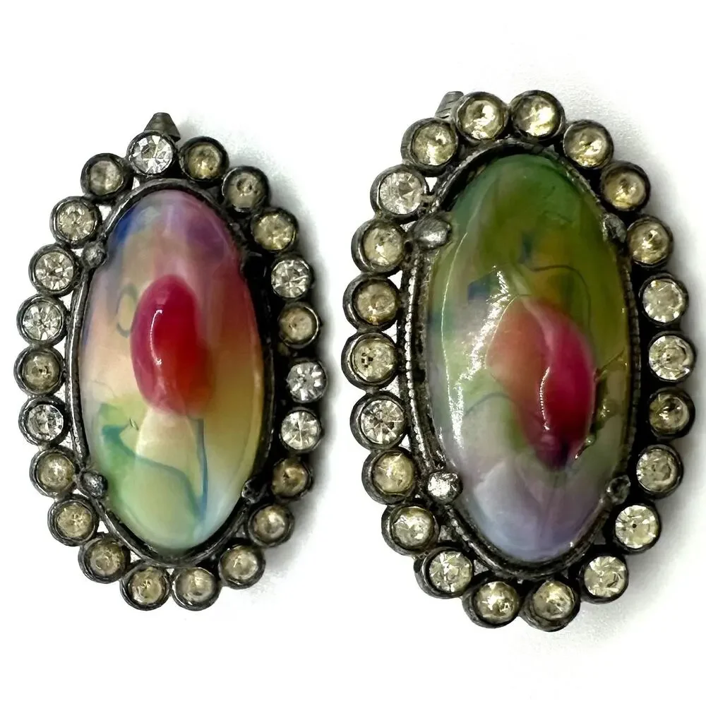 Antique 1920s Art Deco silver tone multicolor art glass rhinestones cufflinks